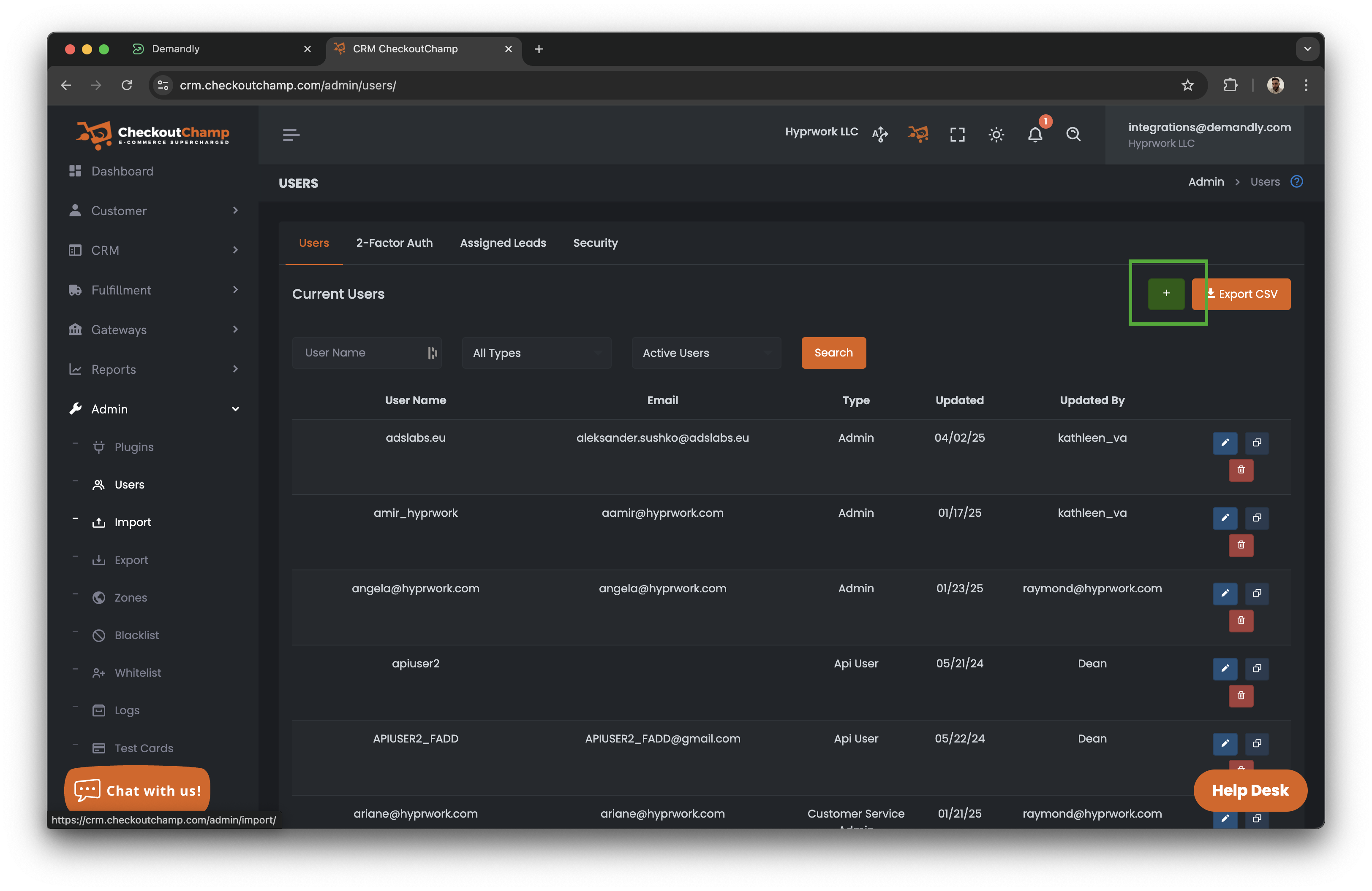 Checkout Champ users screen