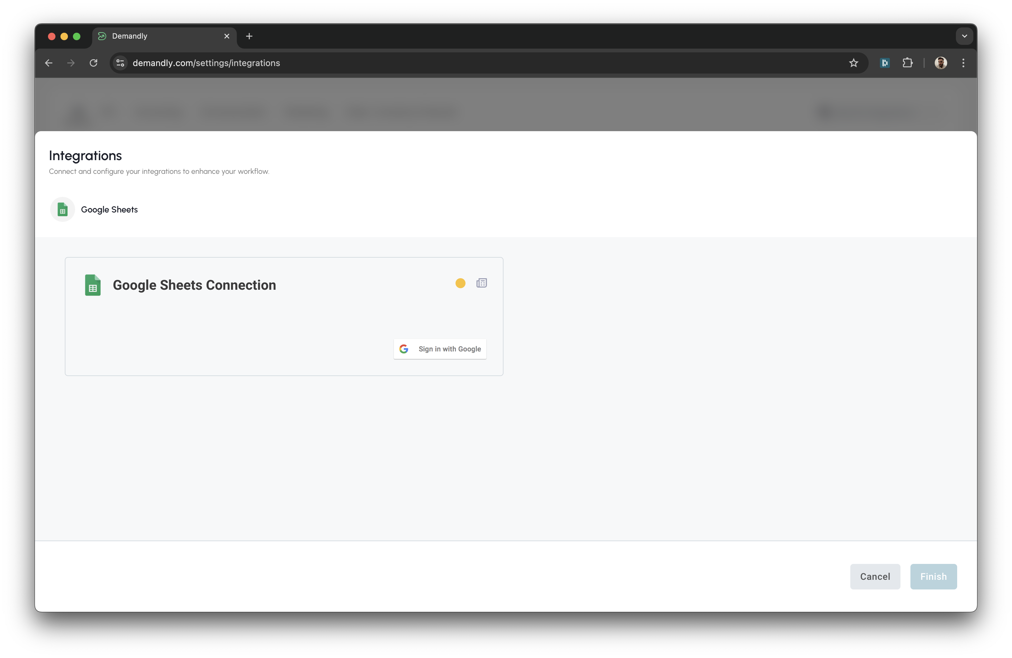 Google Sheets setup screen