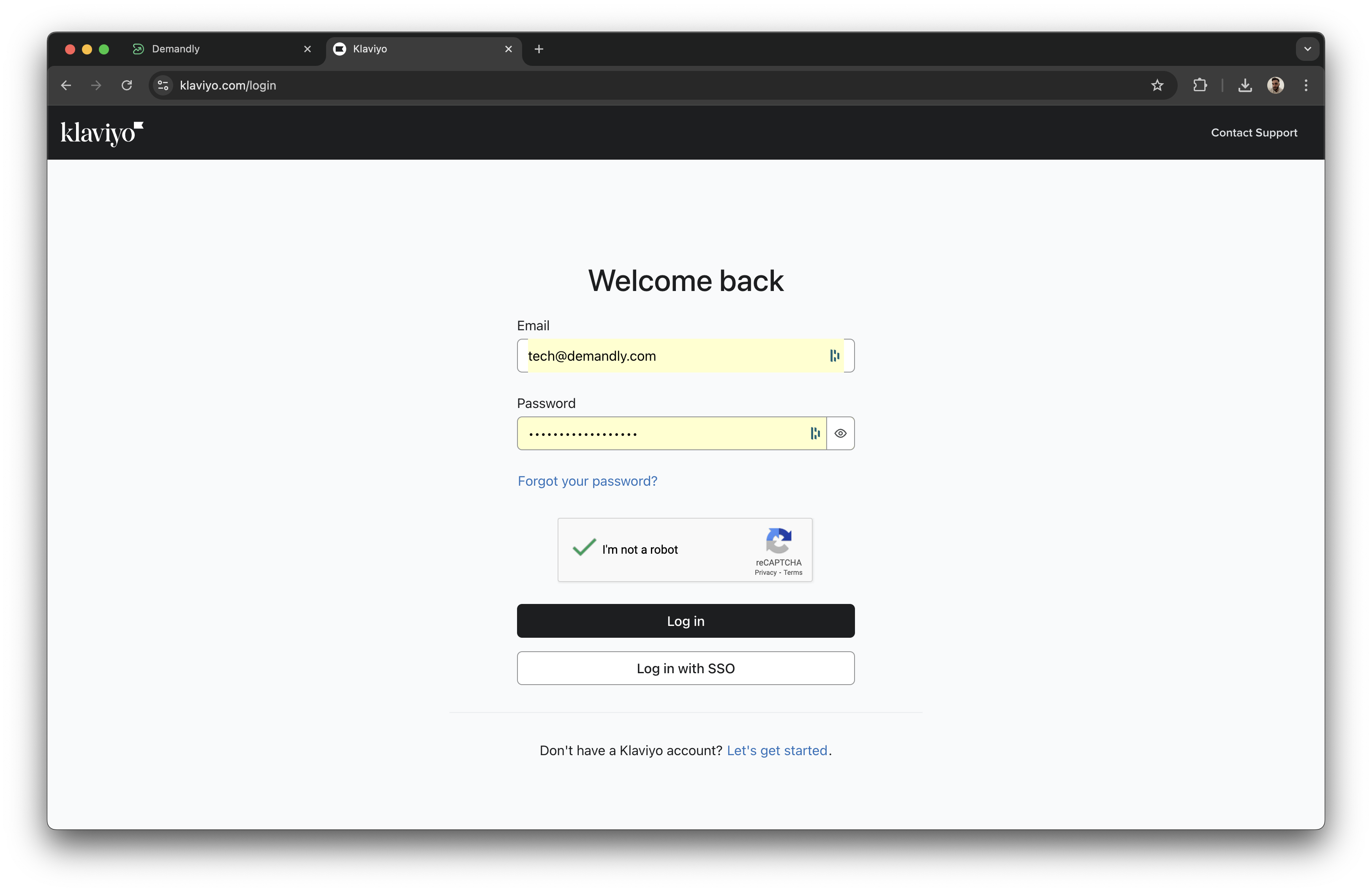 Klaviyo login screen