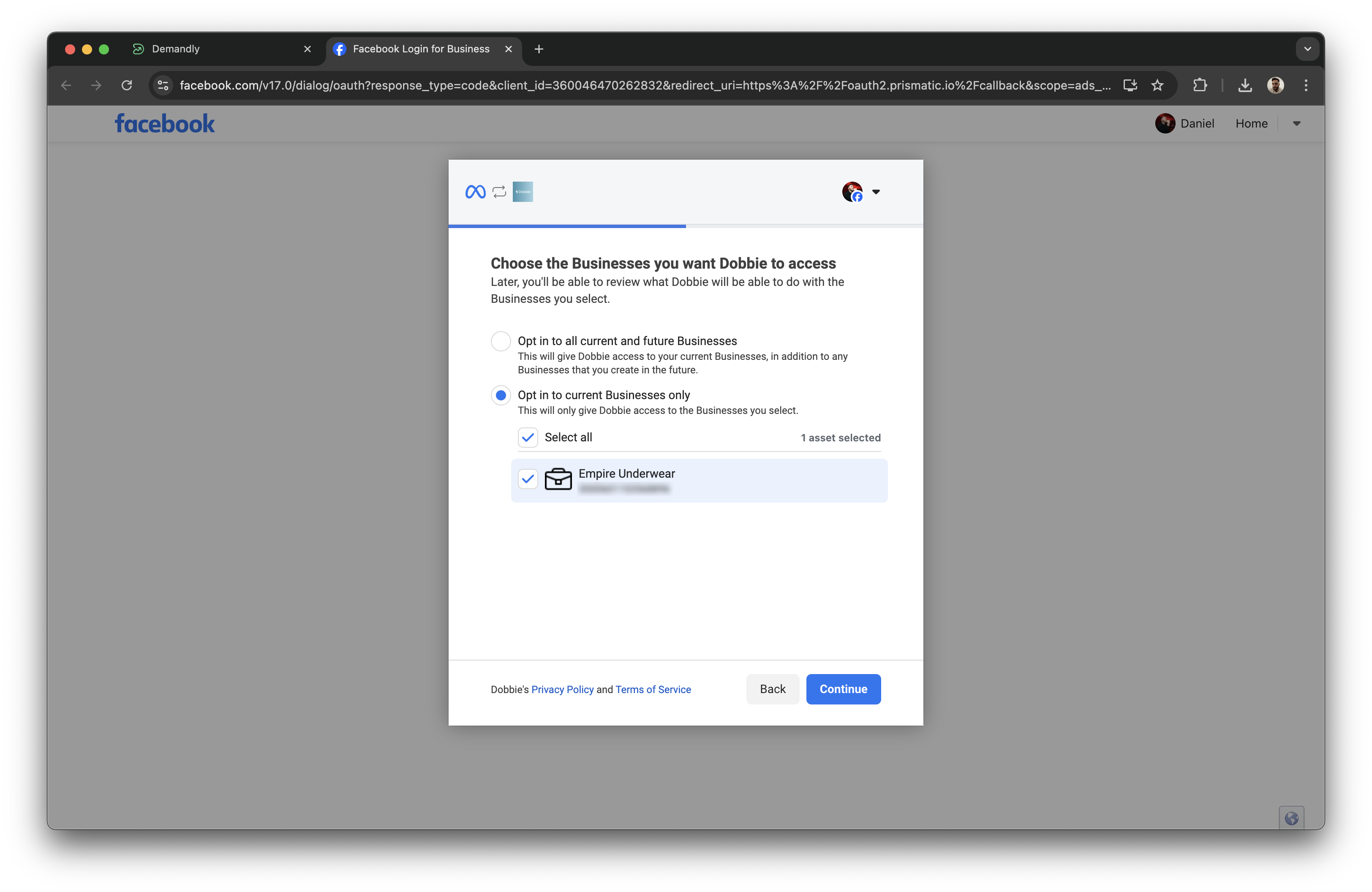 Meta business selection