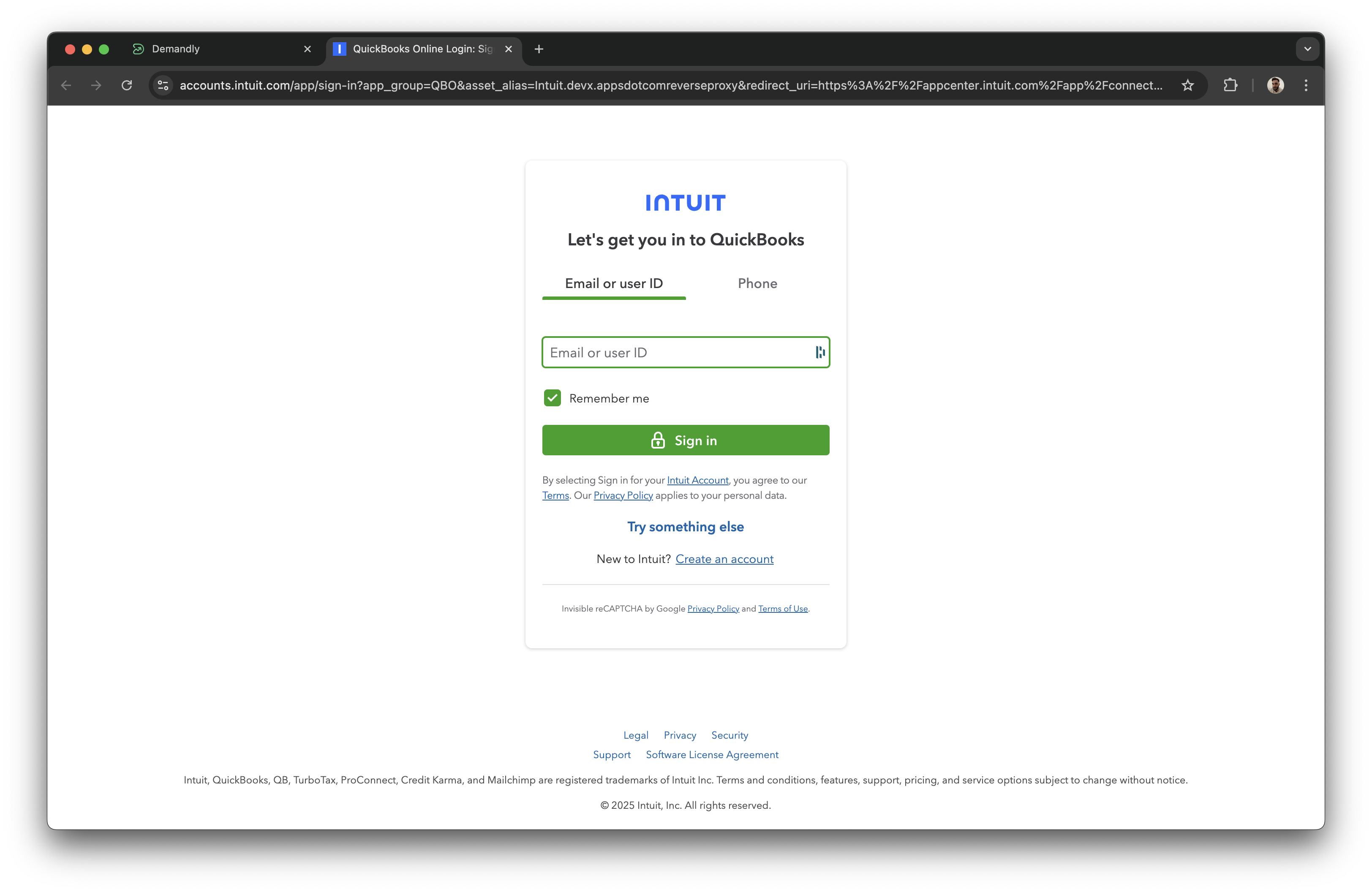 Quickbooks login screen
