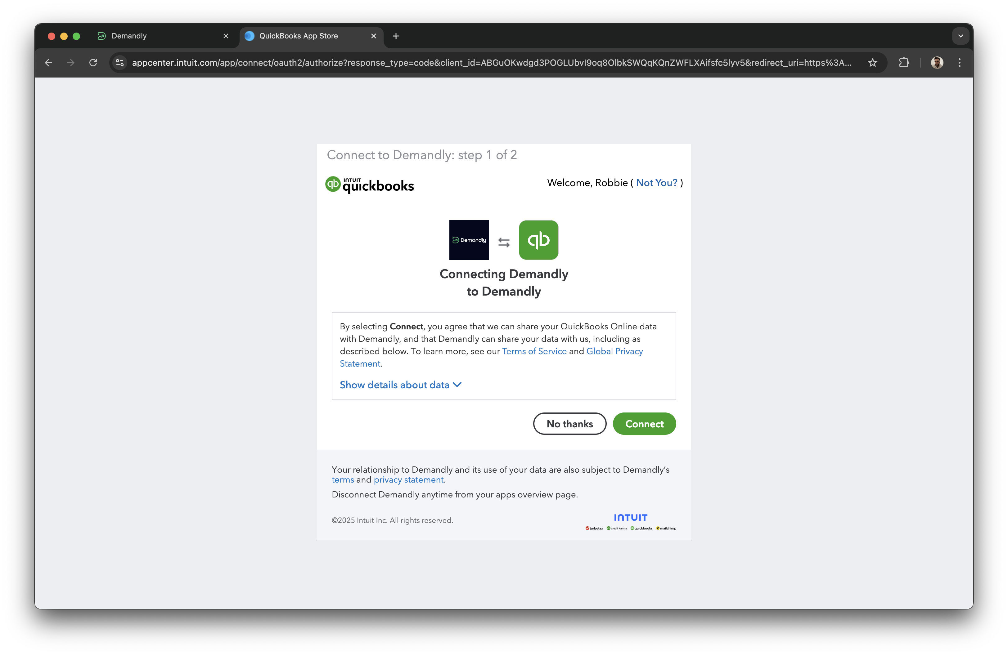 Quickbooks authorization screen