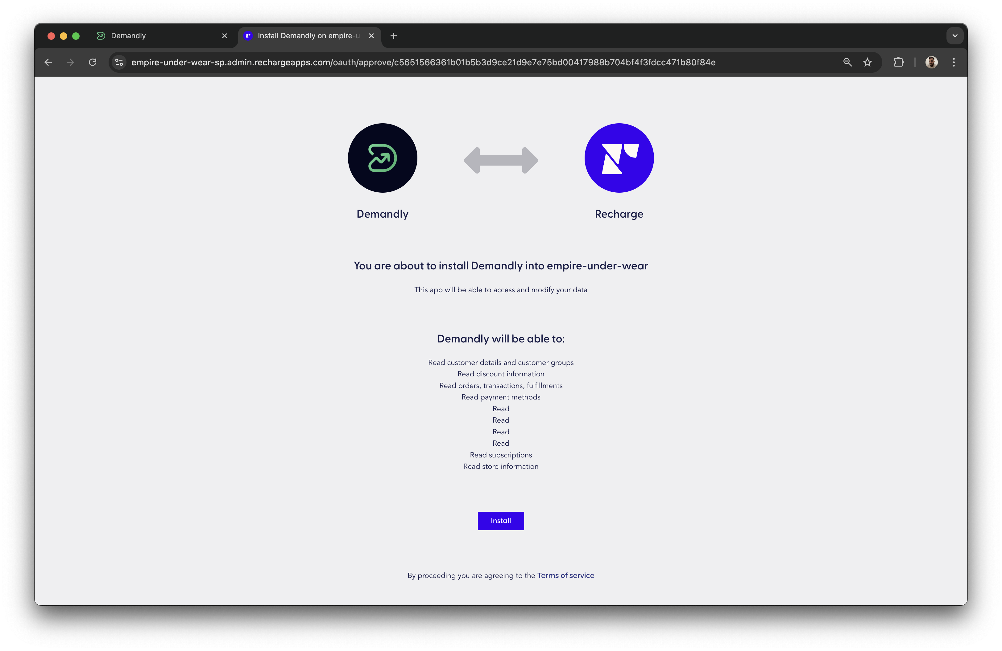 Recharge install button