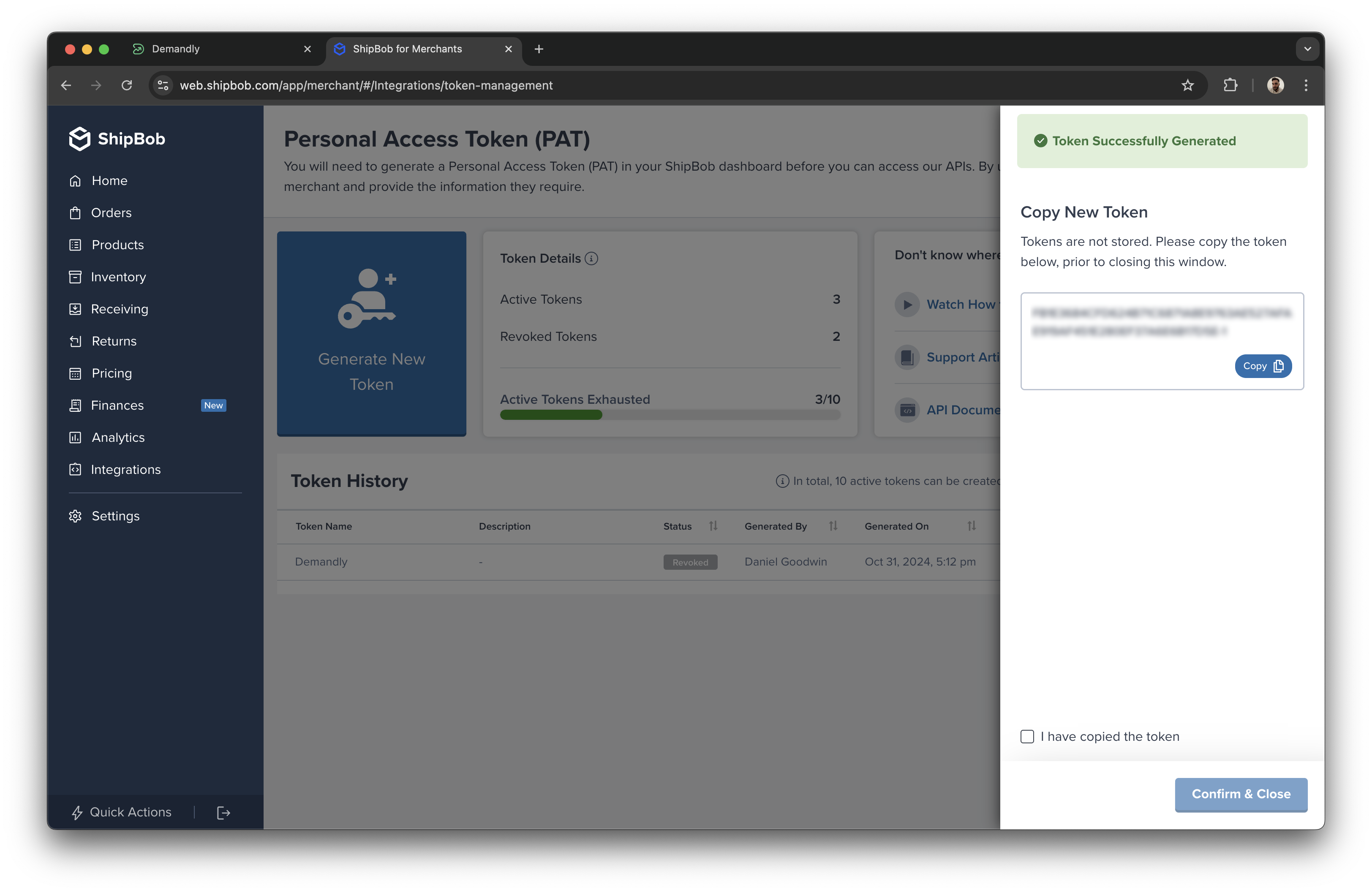 ShipBob generate token
