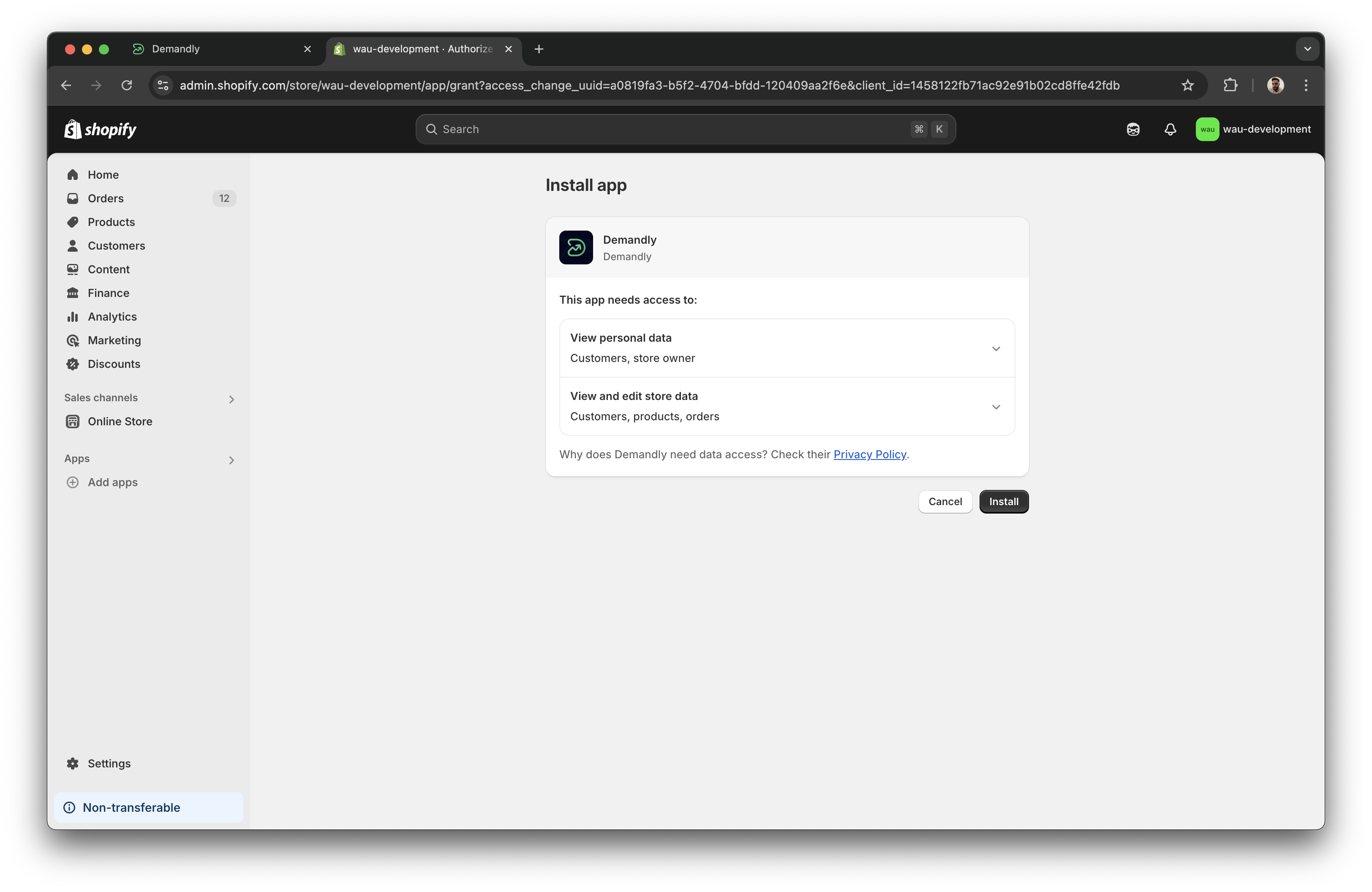 Shopify install button