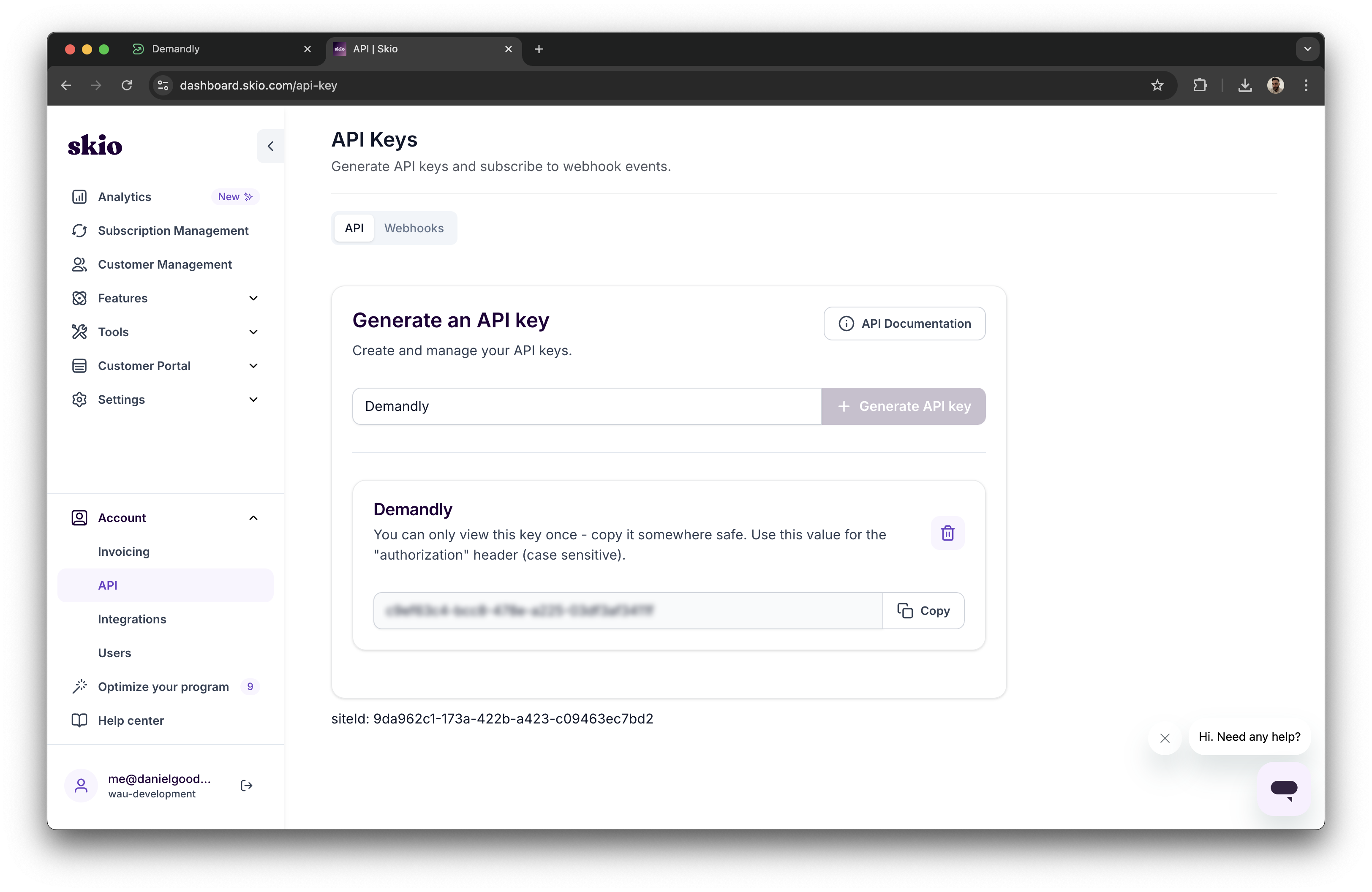 Skio generate API key