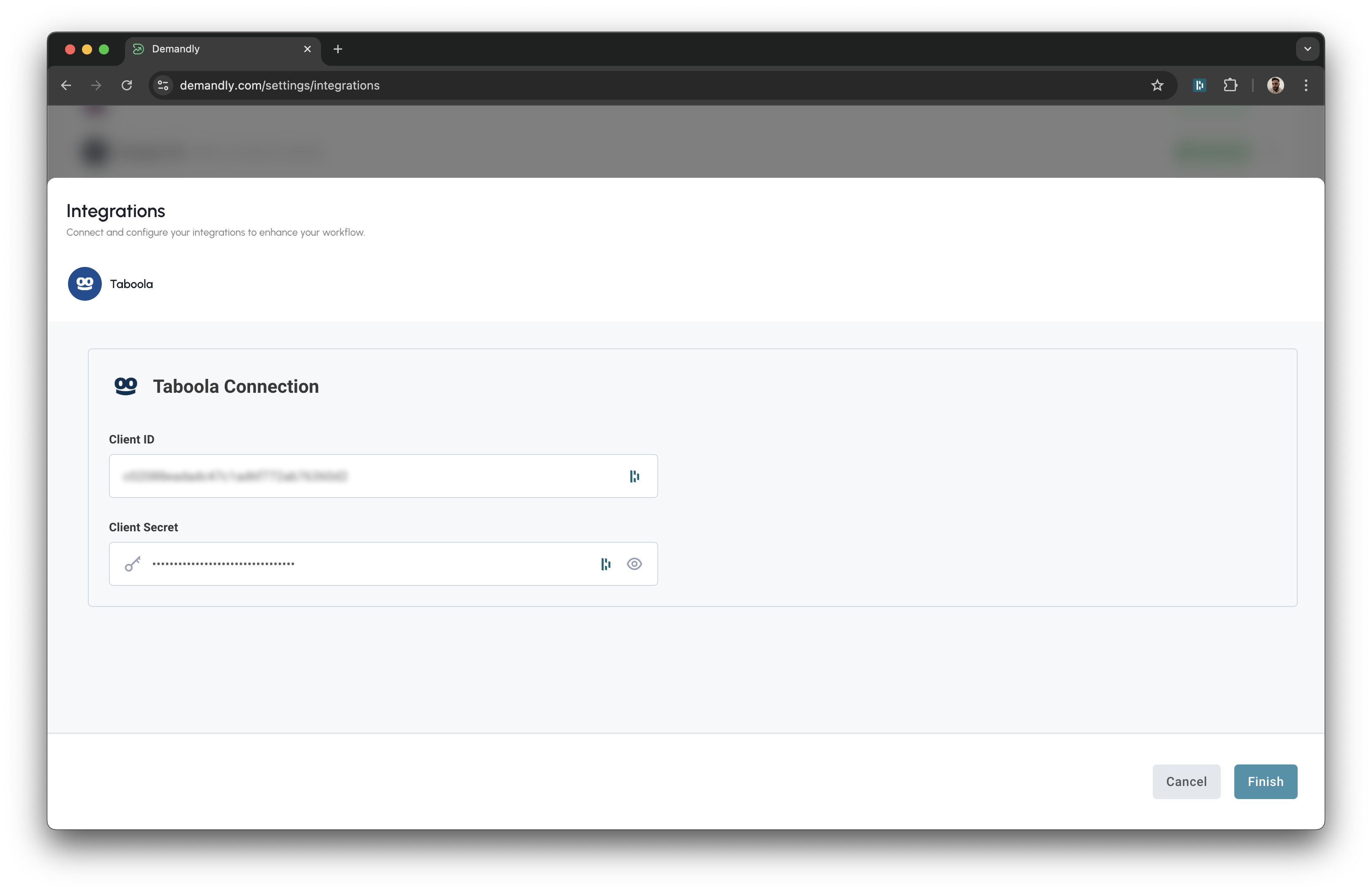 Taboola client secret input