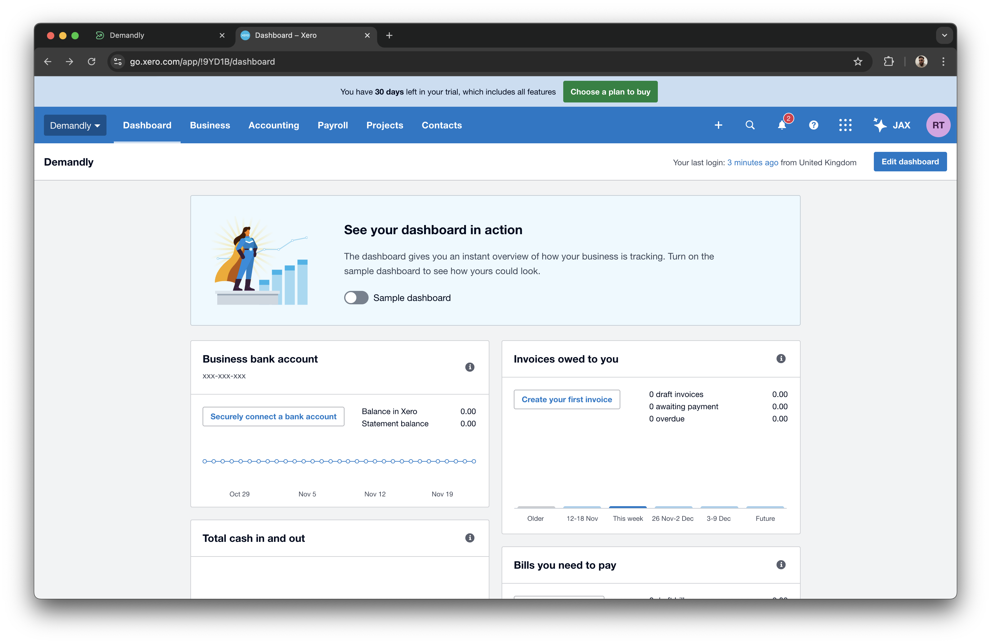 Xero organisation menu