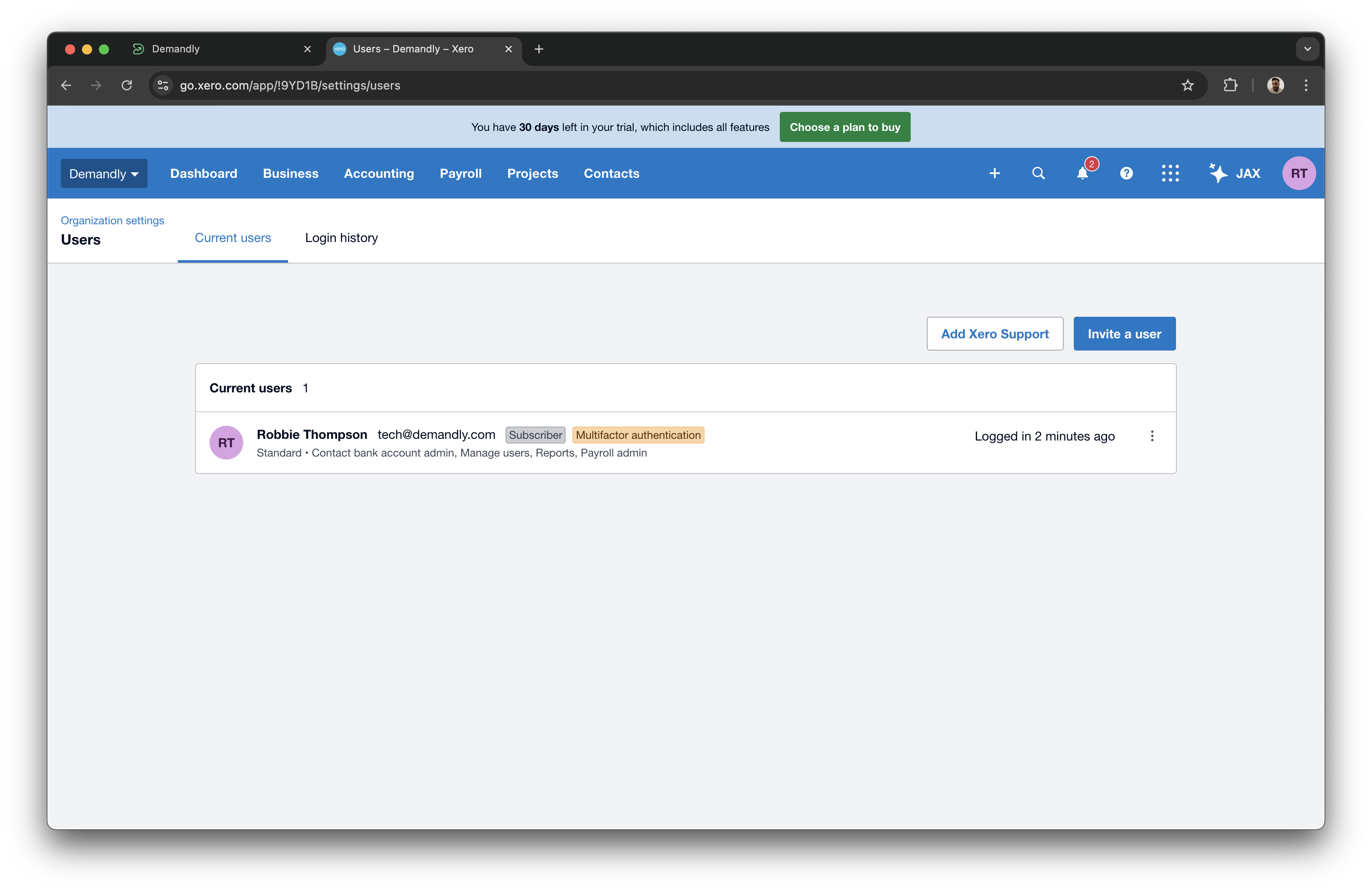 Xero invite user button