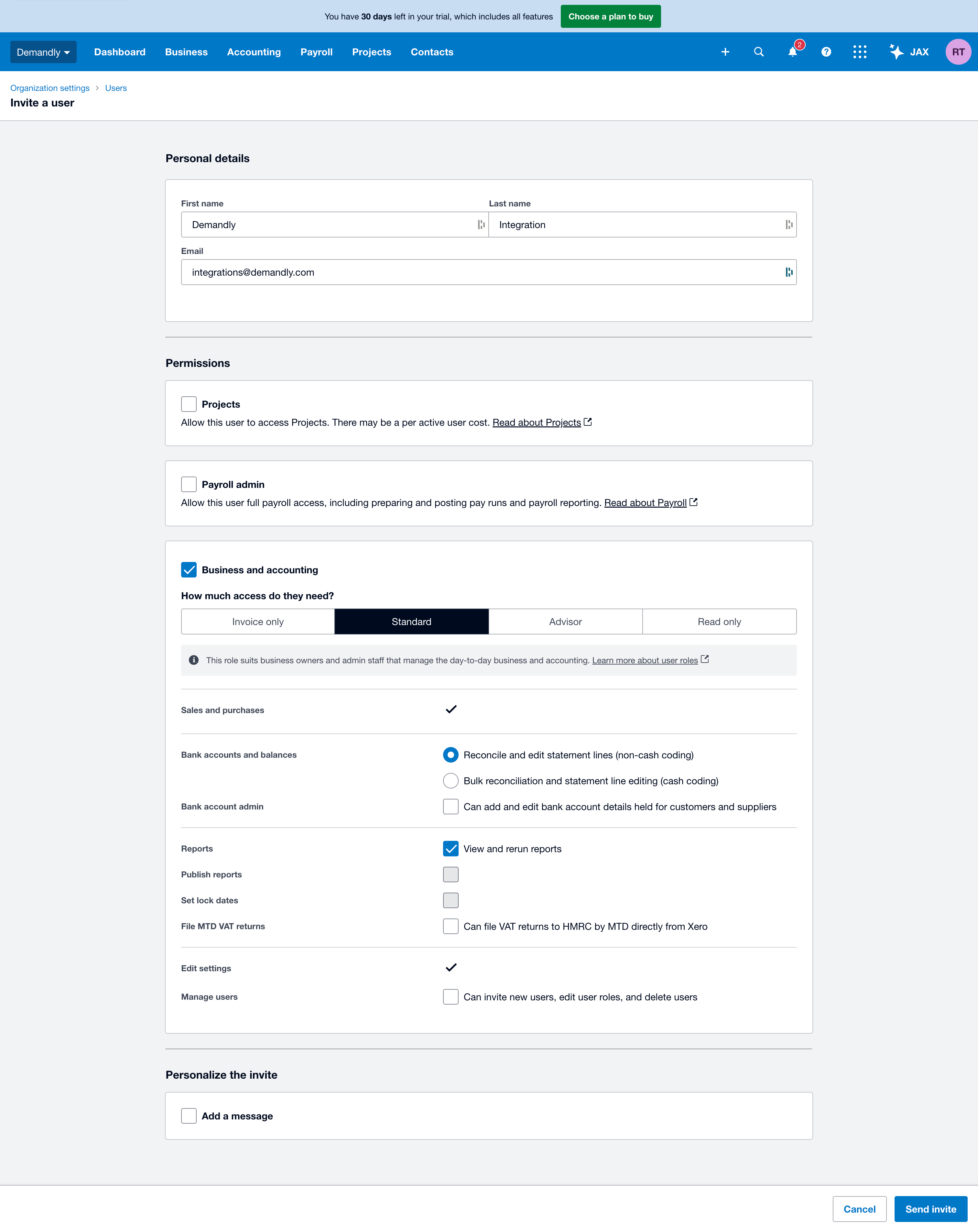 Xero user details form