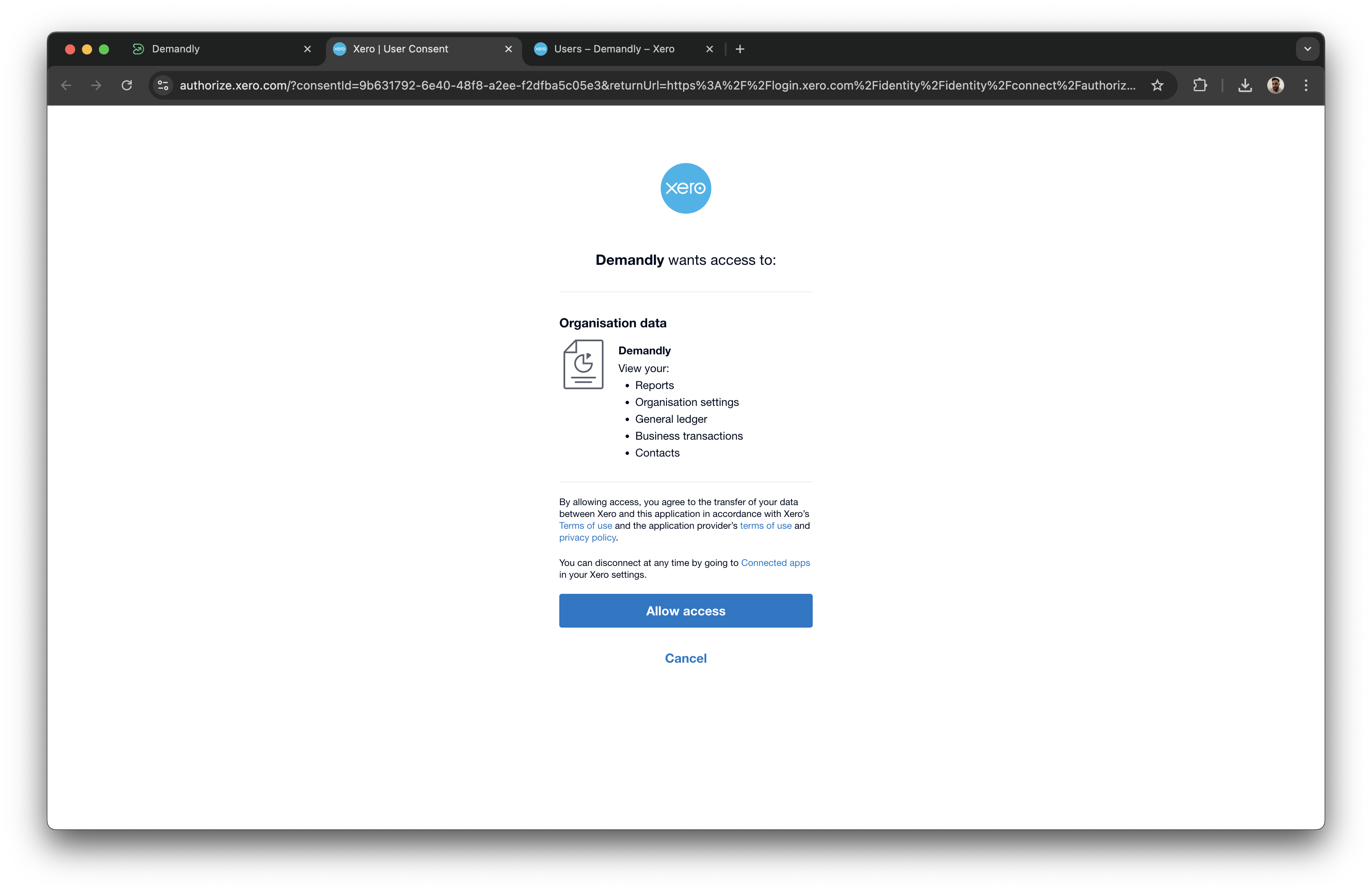 Xero allow access screen